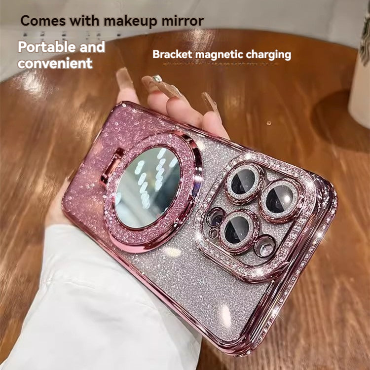 Electroplating rhinestone makeup mirror magnetic stand phone case