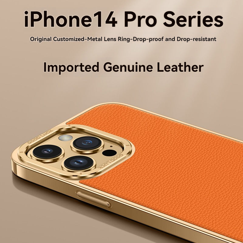 Apple genuine leather phone case, metal lens protective cover - JekoMall