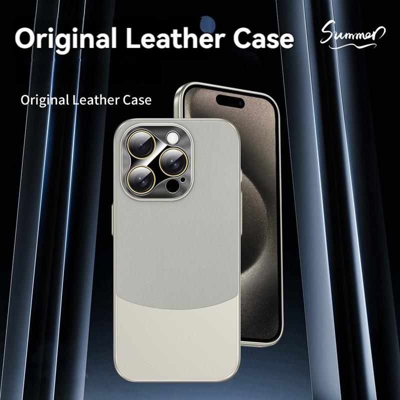 iPhone12/13/14/15 plain leather mobile phone case, suitable for Apple, spliced two-color, full package with lens film