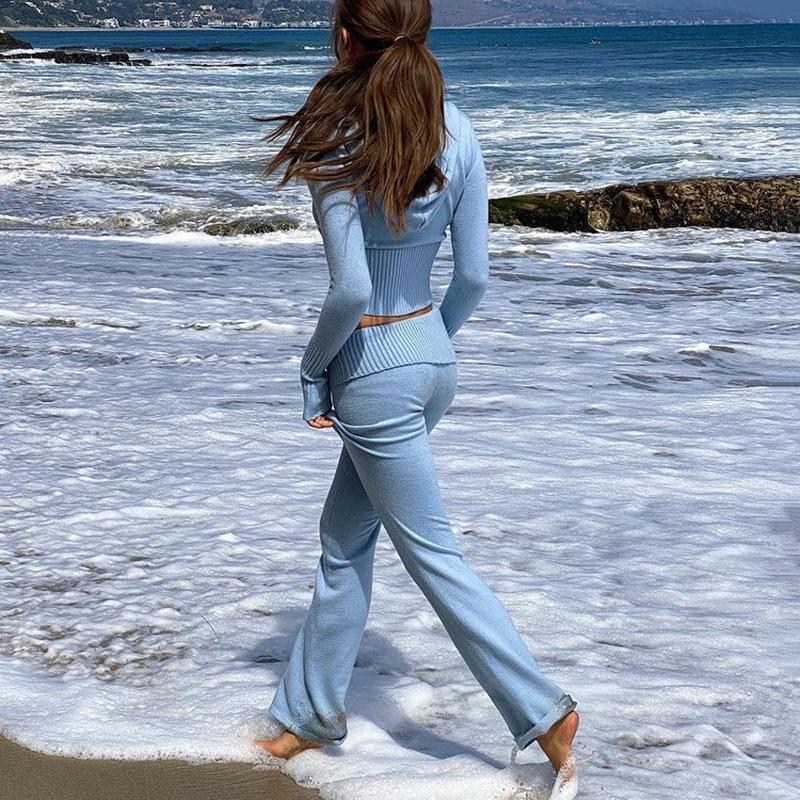 High waist long sleeve trousers two piece suit