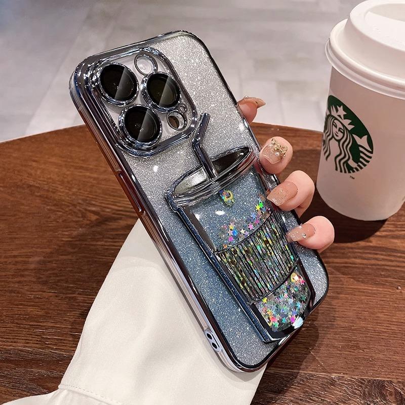 Apple Electroplated Phone Case 3d Flowing Sand Cup Soft Case Suitable for Iphone 15, 14, 13, 12 Series