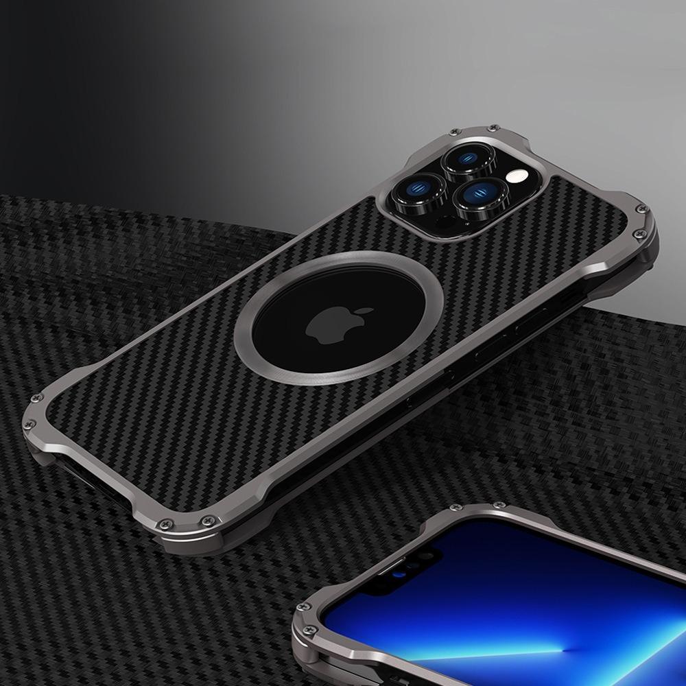 Apple 12/13/14/15 Phone Case, Full Cover Thermal, Metal, High-end, Carbon Fibre Textured Back Plate
