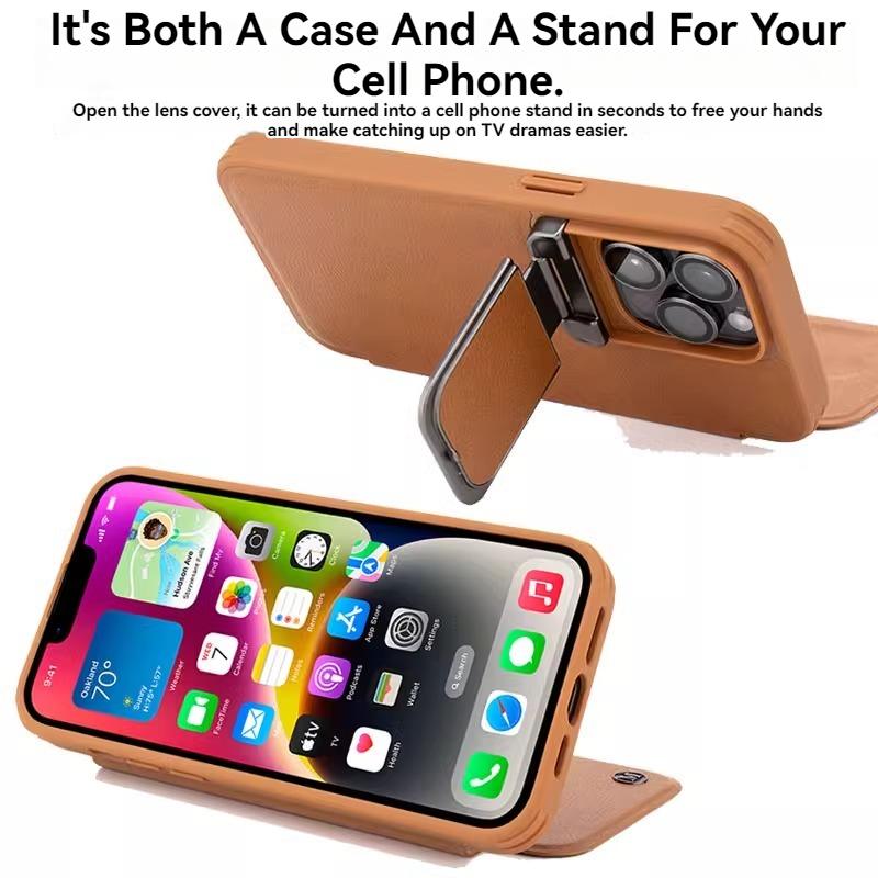 iPhone 15 Phone Case, High-End, Leather, Flip Lens, Business Simplicity, Creative Fashion Stand, Protective Cover, All-Inclusive Anti-Fall - JekoMall