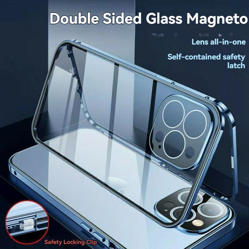 جراب معدني لهاتف iPhone 13/14/15، زجاج مزدوج الجانب، غطاء كامل، مضاد للصدمات، جاذبية مغناطيسية