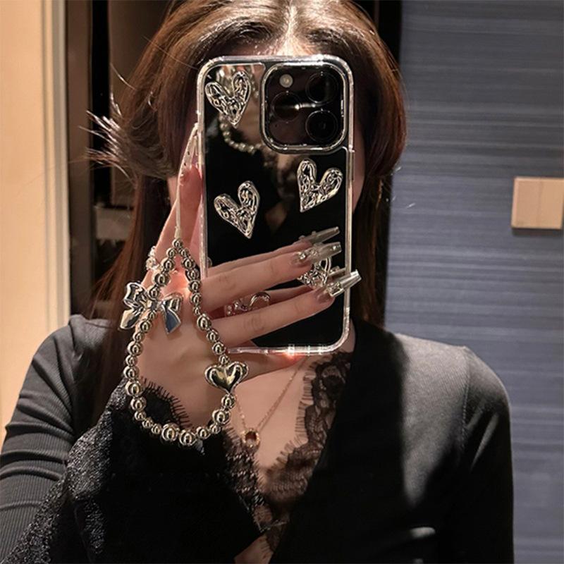 Mirror Pleated Love Mobile Phone Case Bow Hand Chain Rhinestone 13 Women's Model