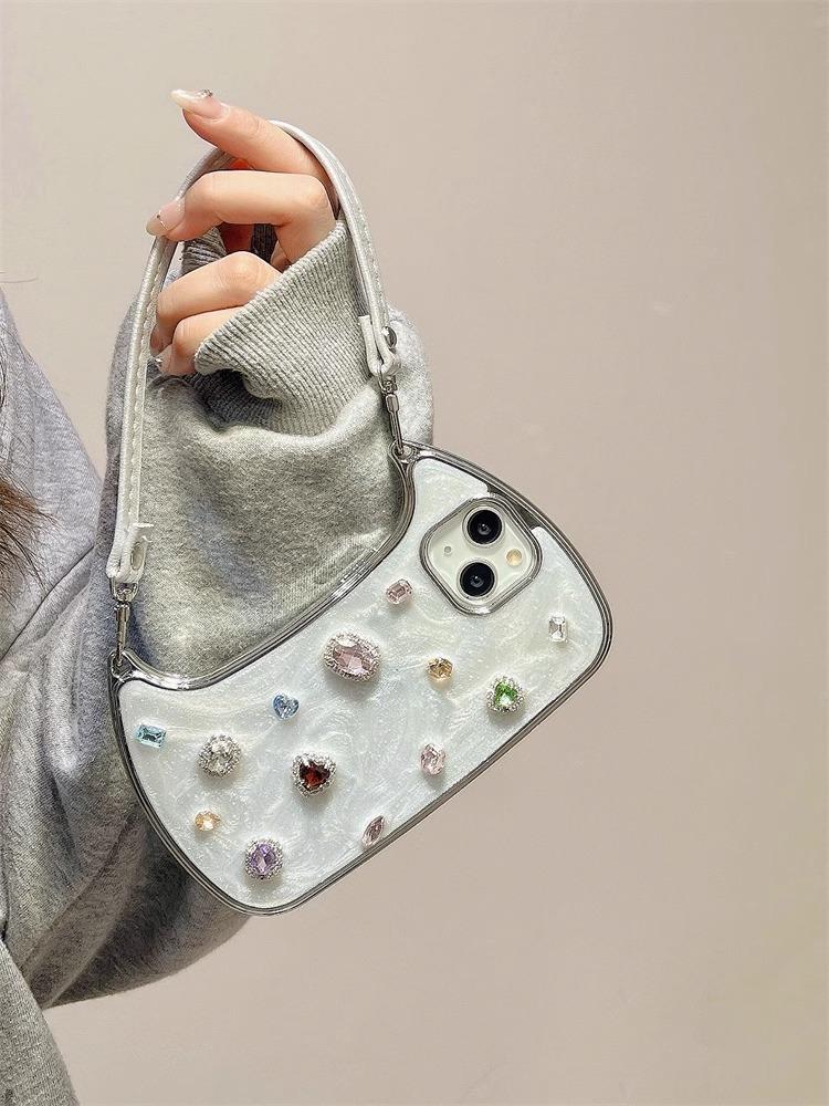 Apple phone case, luxury, three-dimensional, gemstone, handbag style, crossbody, with lanyard, drop protection case*