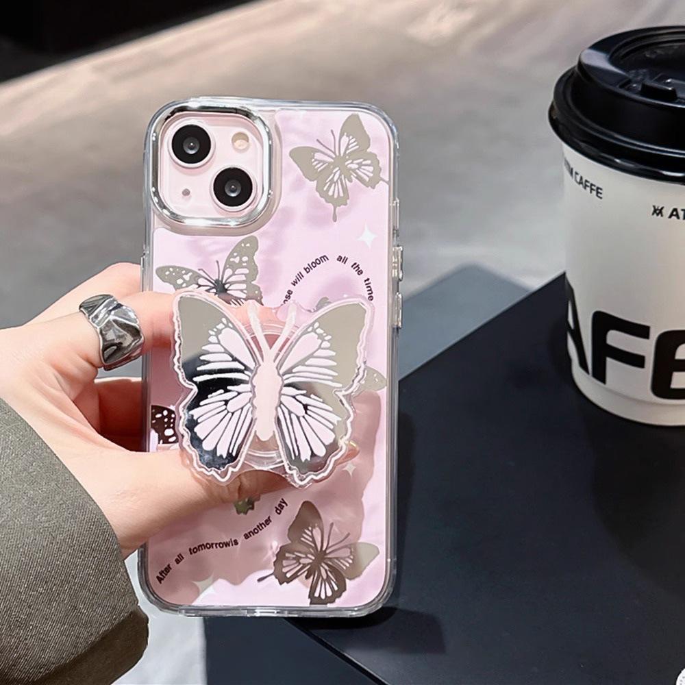 Advanced Butterfly Mirror for iPhone13 Mobile Phone Case Bracket iPhone14promax Pink New iPhone15promax