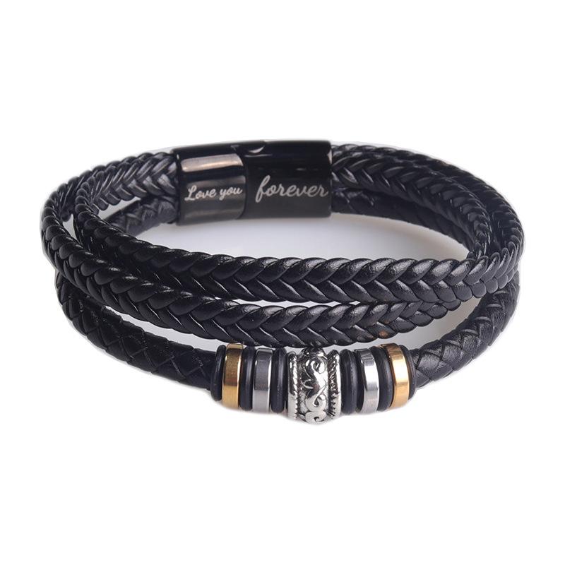 Black leather bracelet stainless steel magnetic clasp engraved bracelet