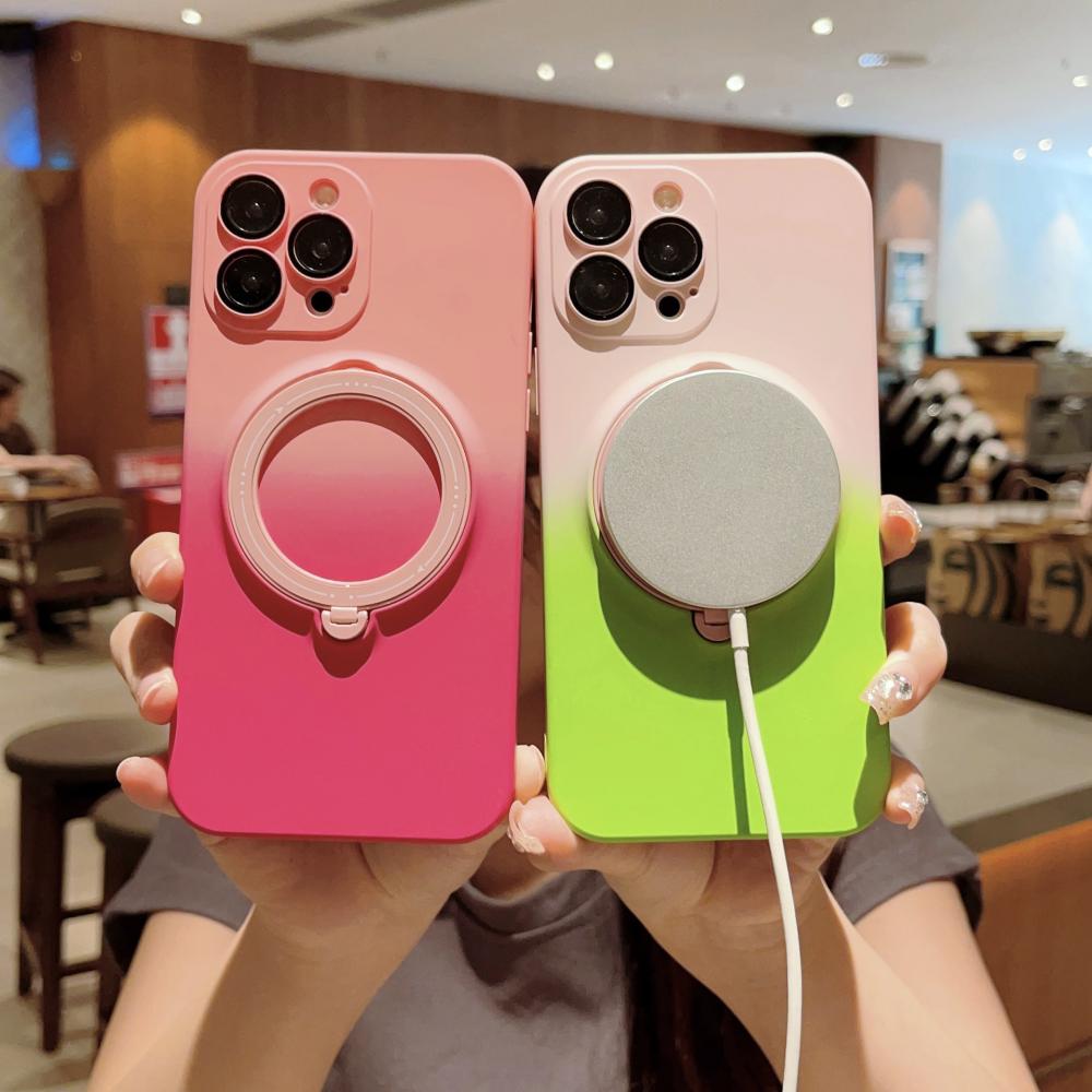 Suitable for iPhone 15/14/13/12 Series Integrated Stand Magnetic Suction Gradient Dual Color Silicone Anti Drop Soft Case